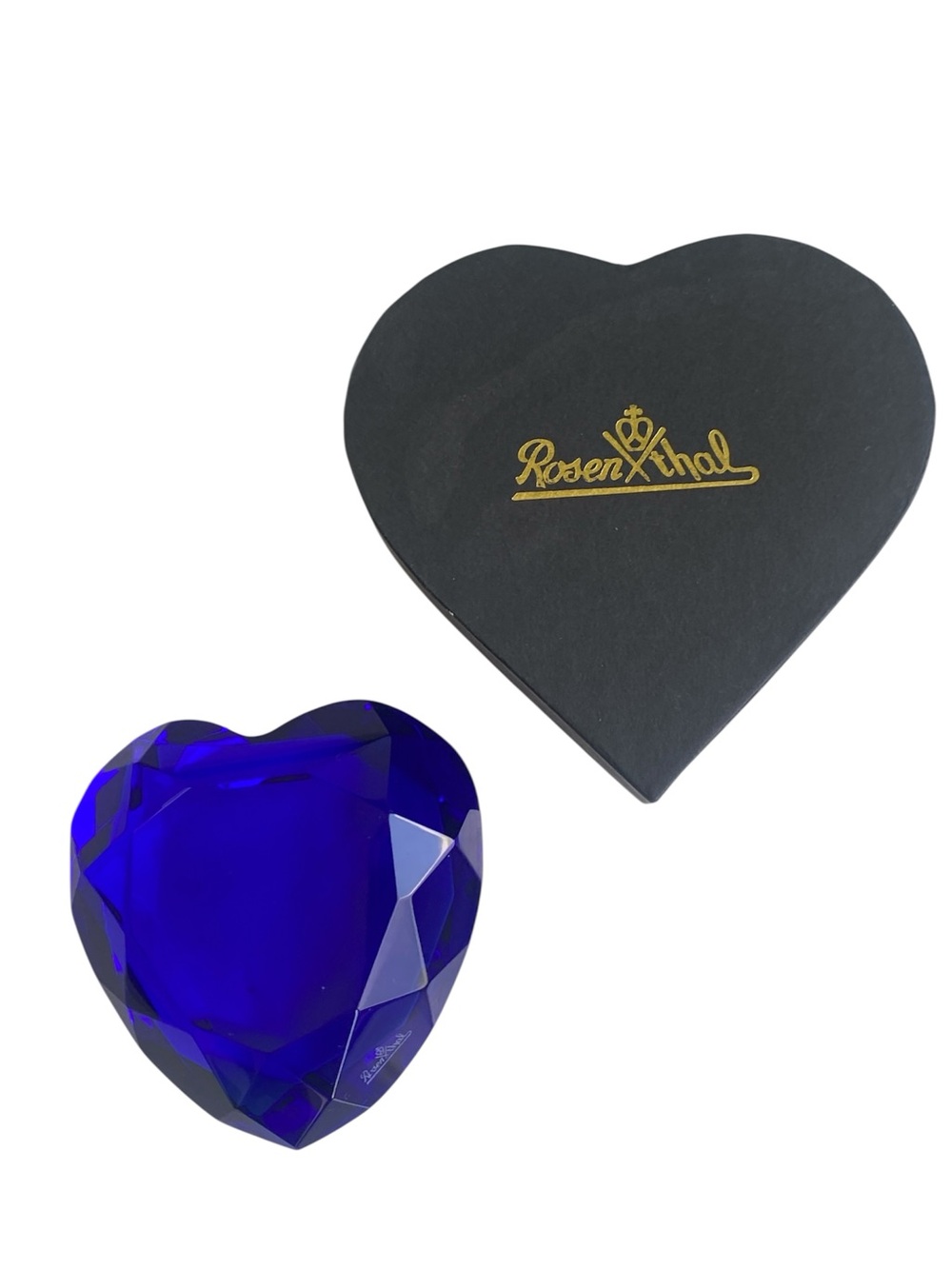 Rosenthal Cobalt Blue Crystal Heart Paperweight Signed 3” in original box